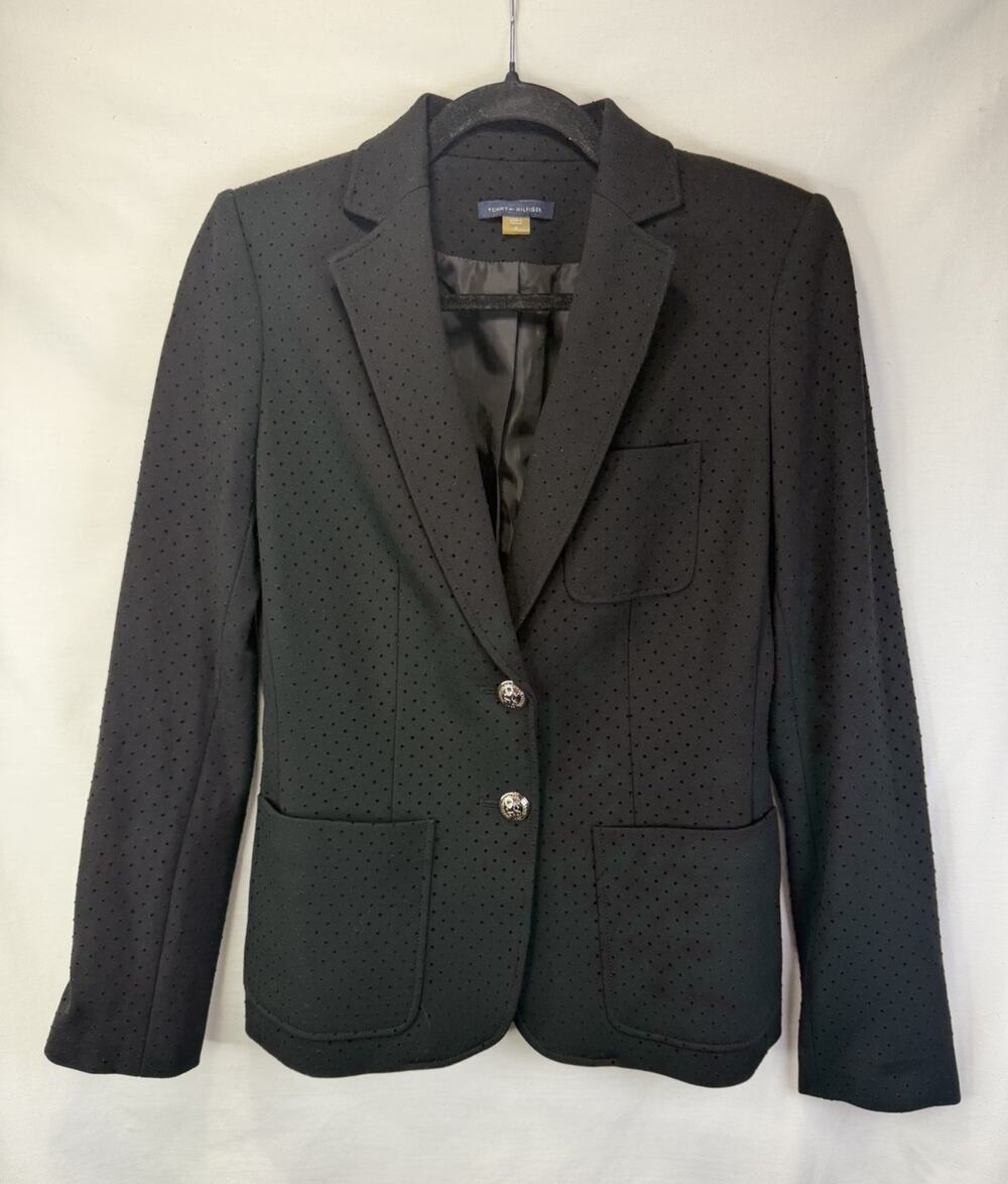 Tommy Hilfiger Womens Sz 0 Black Mini Dot 2-button Blazer Classic Preppy Pockets